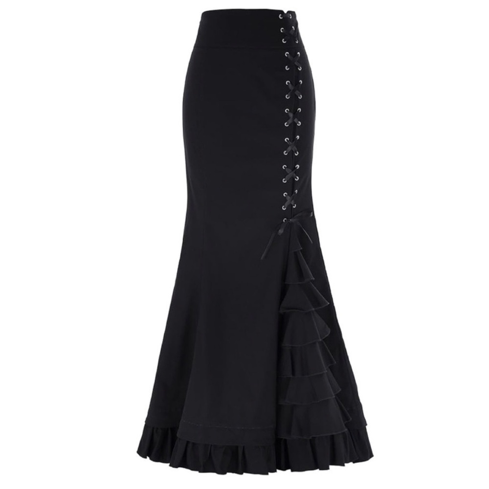 Chic Star Black Gothic Steampunk Corset Lace-Up Ruffle Mermaid Maxi Skirt M